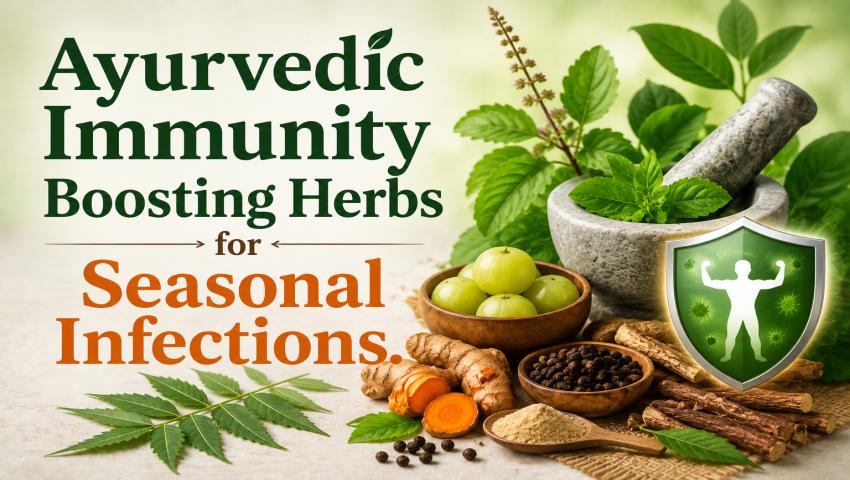 An assortment of Ayurvedic immunity boosting herbs like Tulsi, Amla, and Ashwagandha on a wooden table.